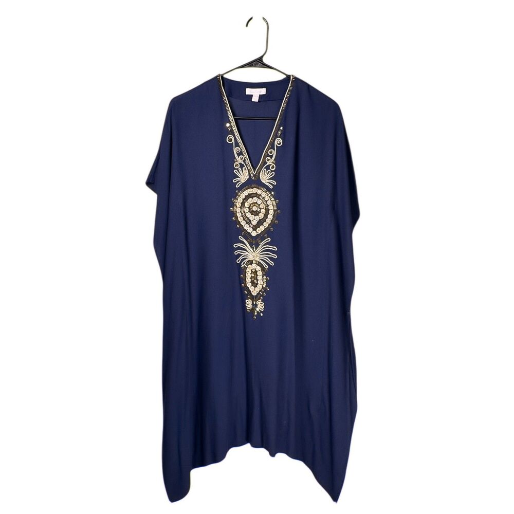 Lilly Pulitzer Chai Kaftan Dress Womens XXS XS Navy Embroidered Beaded Resort